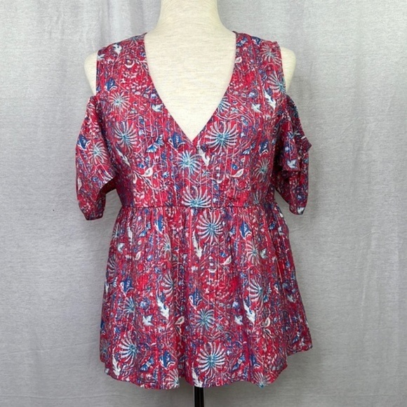 LUCKY BRAND Women’s Floral Red Blue Cold Shoulder Baby Doll Top Sz S - Picture 3 of 11